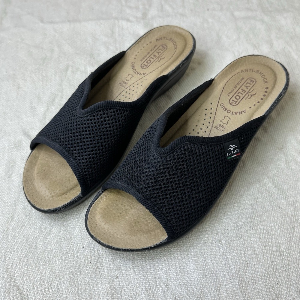 Fly Flot Anatomic Comfort Anti-Shock Mesh Slide Slippers Black Open Toe Size 7.5